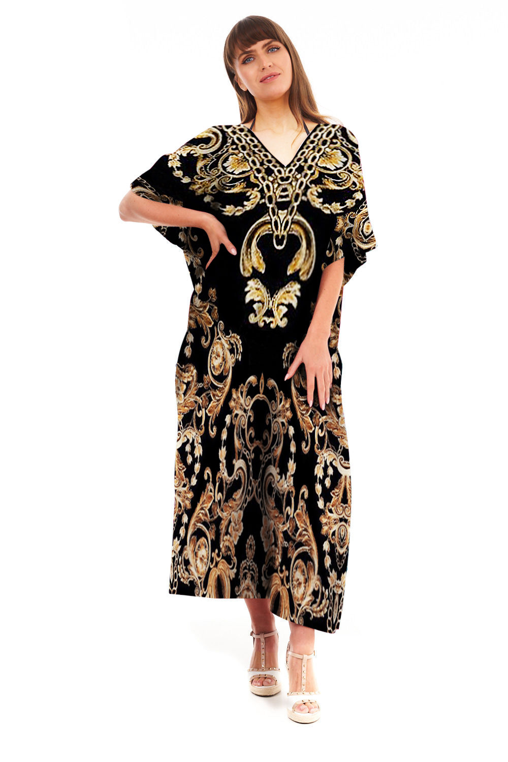 Ladies Full Length Maxi Kaftan Chain Print in Black