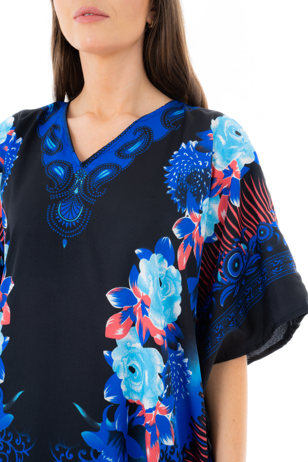 Ladies Floral Full Length Maxi Kaftan Dress in Blue