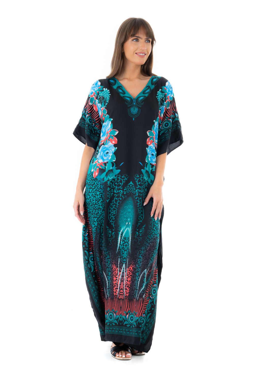 Ladies Floral Full Length Maxi Kaftan Dress in Teal Looking Glam Ladies Floral Full Length Maxi Kaftan Dress in Teal Looking Glam