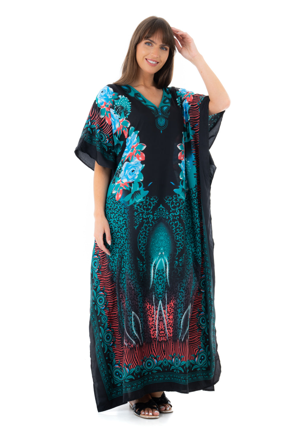 Ladies Floral Full Length Maxi Kaftan Dress in Teal