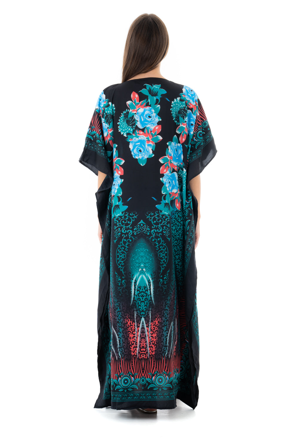 Ladies Floral Full Length Maxi Kaftan Dress in Teal