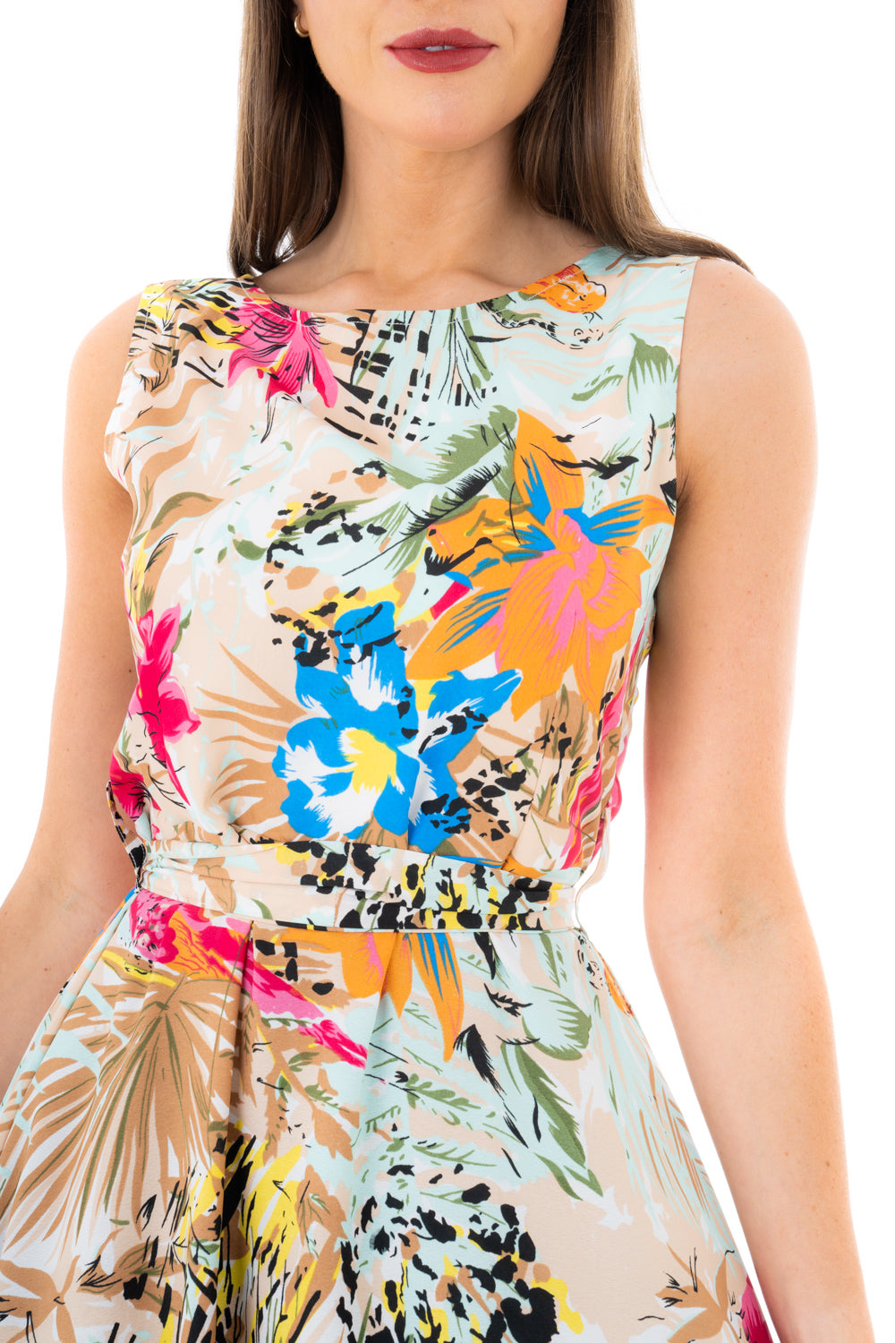 Retro Vintage Inspired Tropical Print Midi Dress in Beige