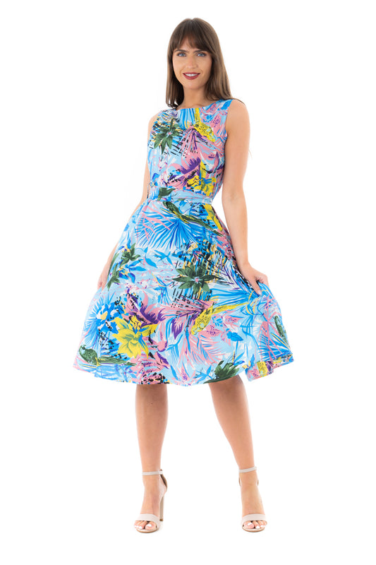 Retro Vintage Inspired Tropical Print Midi Dress in Blue
