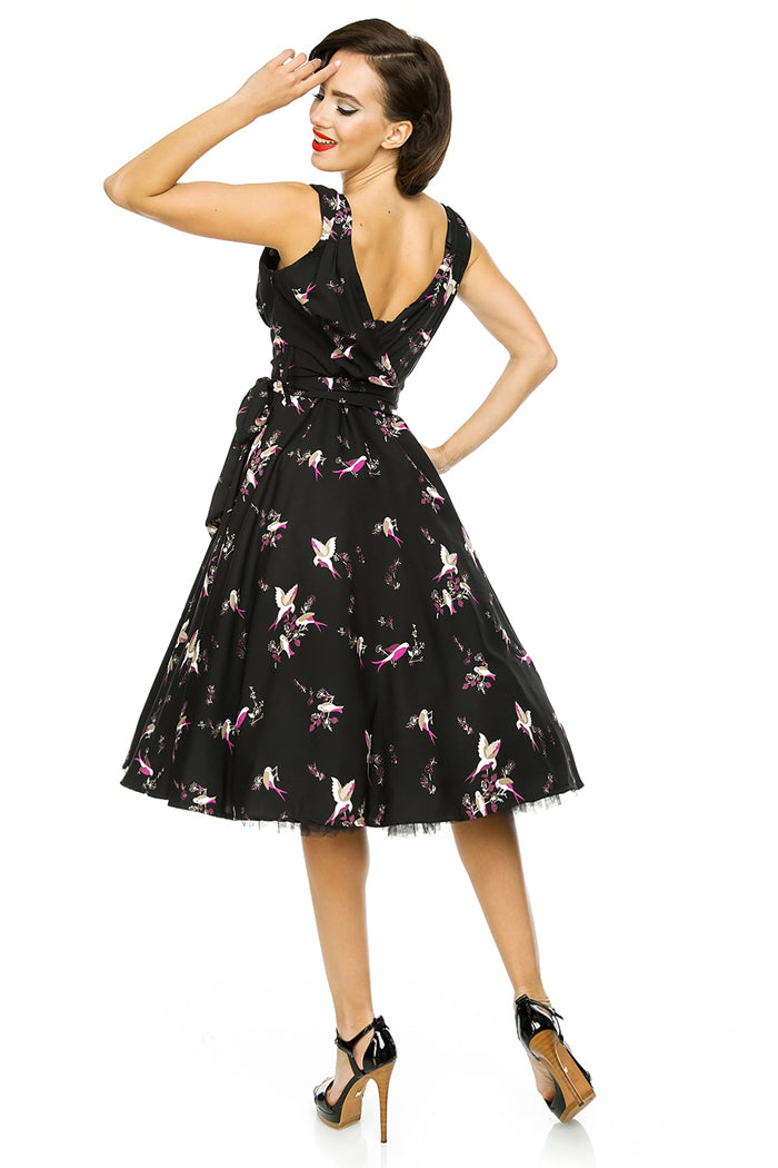 Retro Vintage 1950's Swing Bird Print Midi Dress in Black
