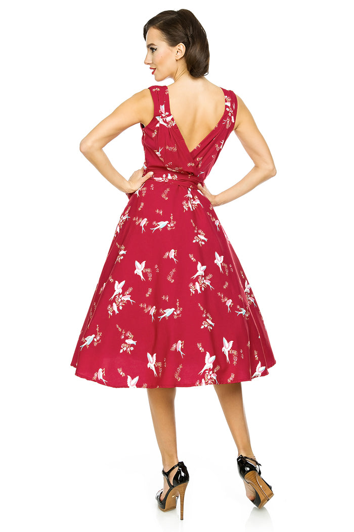 Retro Vintage 1950's Swing Bird Print Midi Dress in Maroon