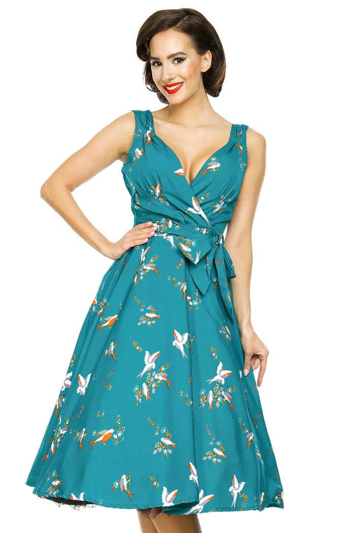 Retro Vintage 1950's Swing Bird Print Midi Dress in Teal