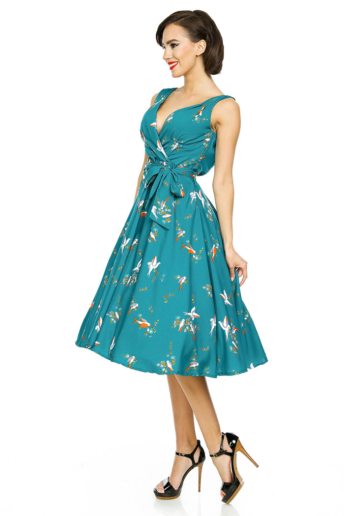 Retro Vintage 1950's Swing Bird Print Midi Dress in Teal