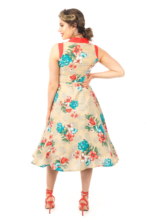 Retro Vintage Swing 1950's Beige Red Floral Dress