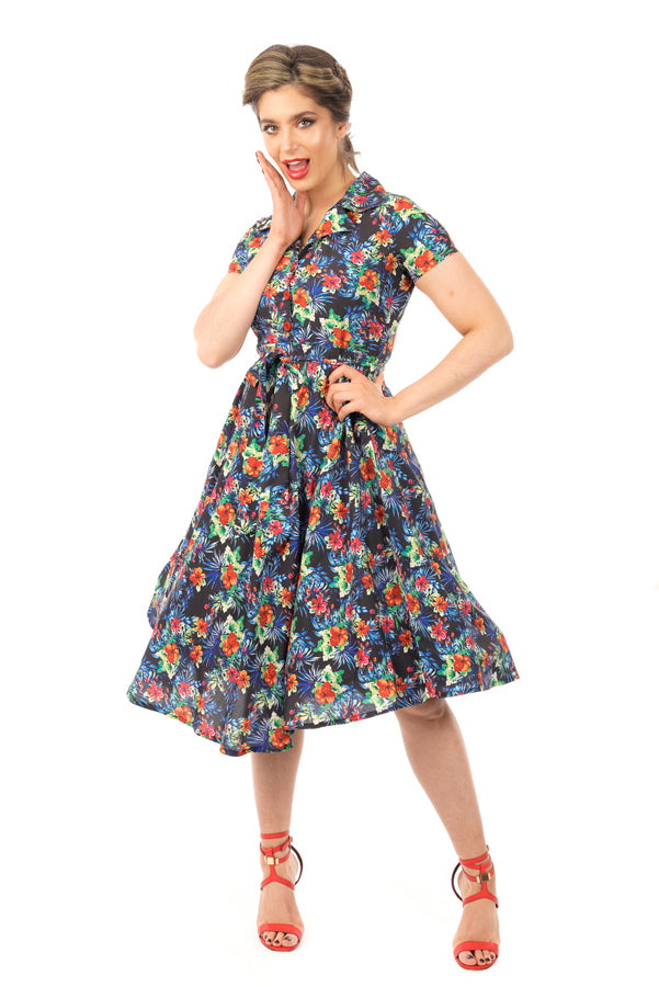 Retro Vintage 1940's Inspired Floral Short Sleeve Shirt Dress