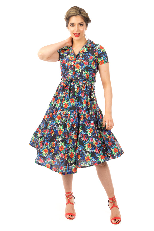 Retro Vintage 1940's Inspired Floral Short Sleeve Shirt Dress