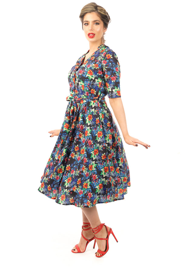 Retro Vintage 1940's Inspired Shirt Dress in Floral Print