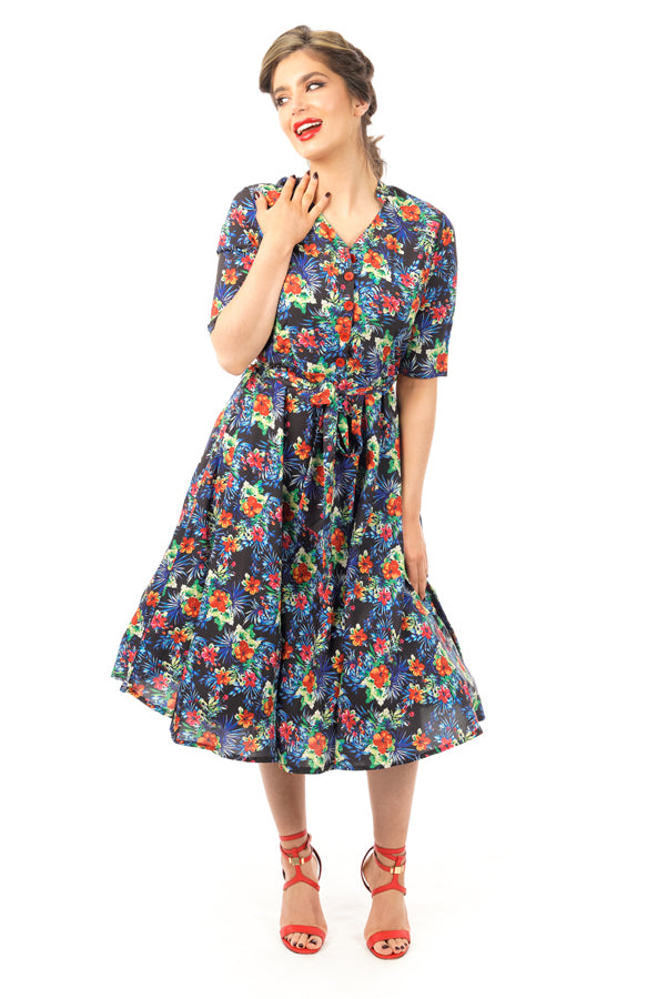 Retro Vintage 1940's Inspired Shirt Dress in Floral Print