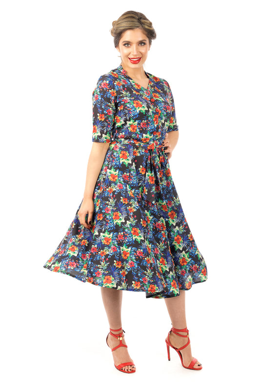 Retro Vintage 1940's Inspired Shirt Dress in Floral Print