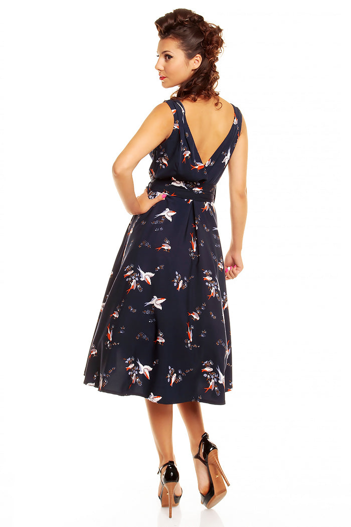 Retro Vintage 1950's Swing Bird Print Midi Dress in Navy