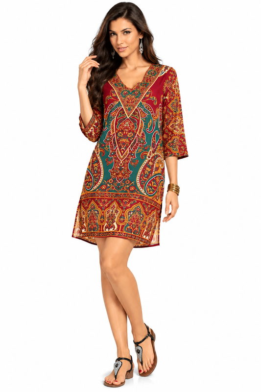 Bohemian Style Tunic Dress in Maroon Tribal Print