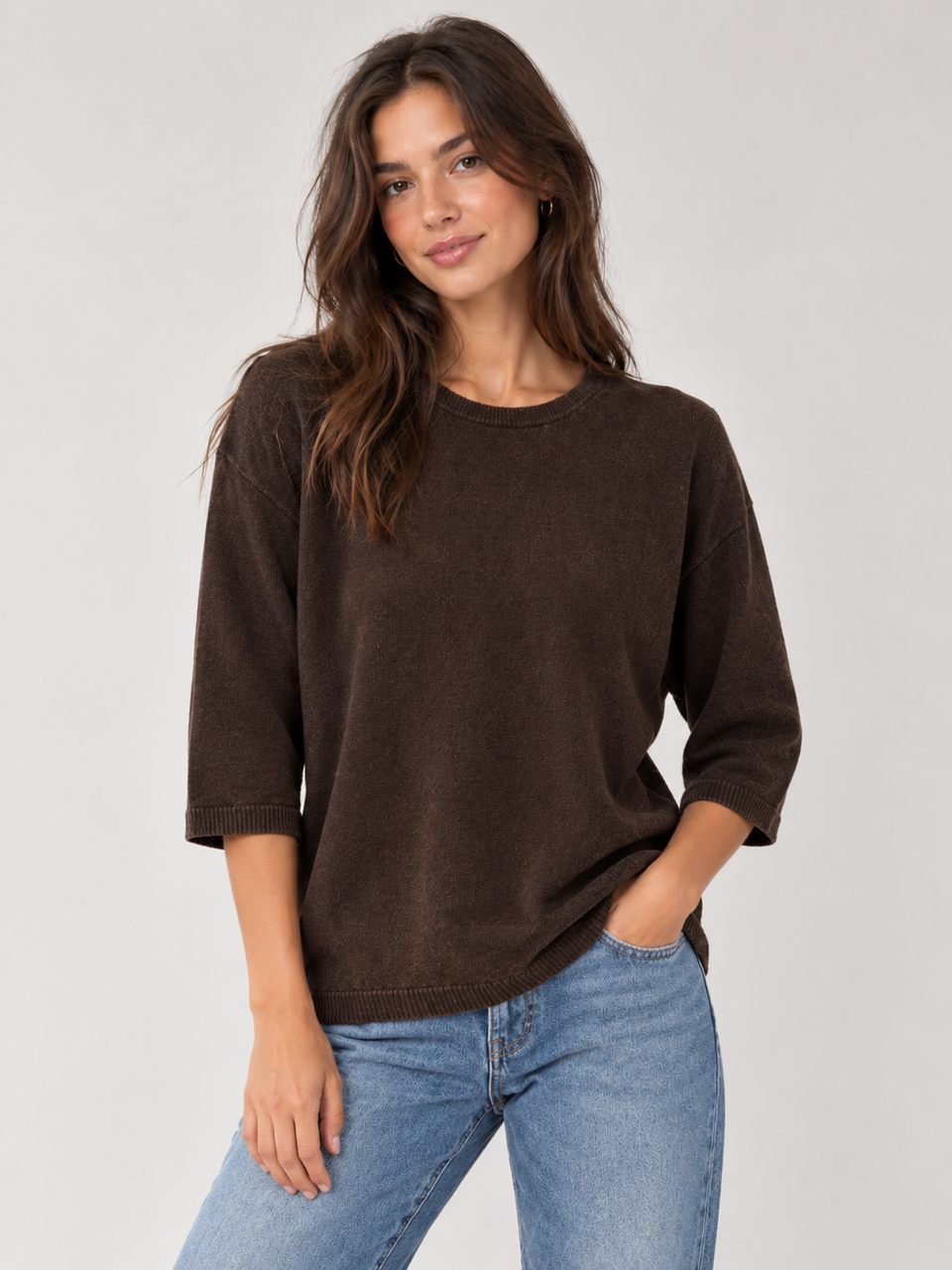 Ladies Brown Knitted 3/4 Sleeve Jumper