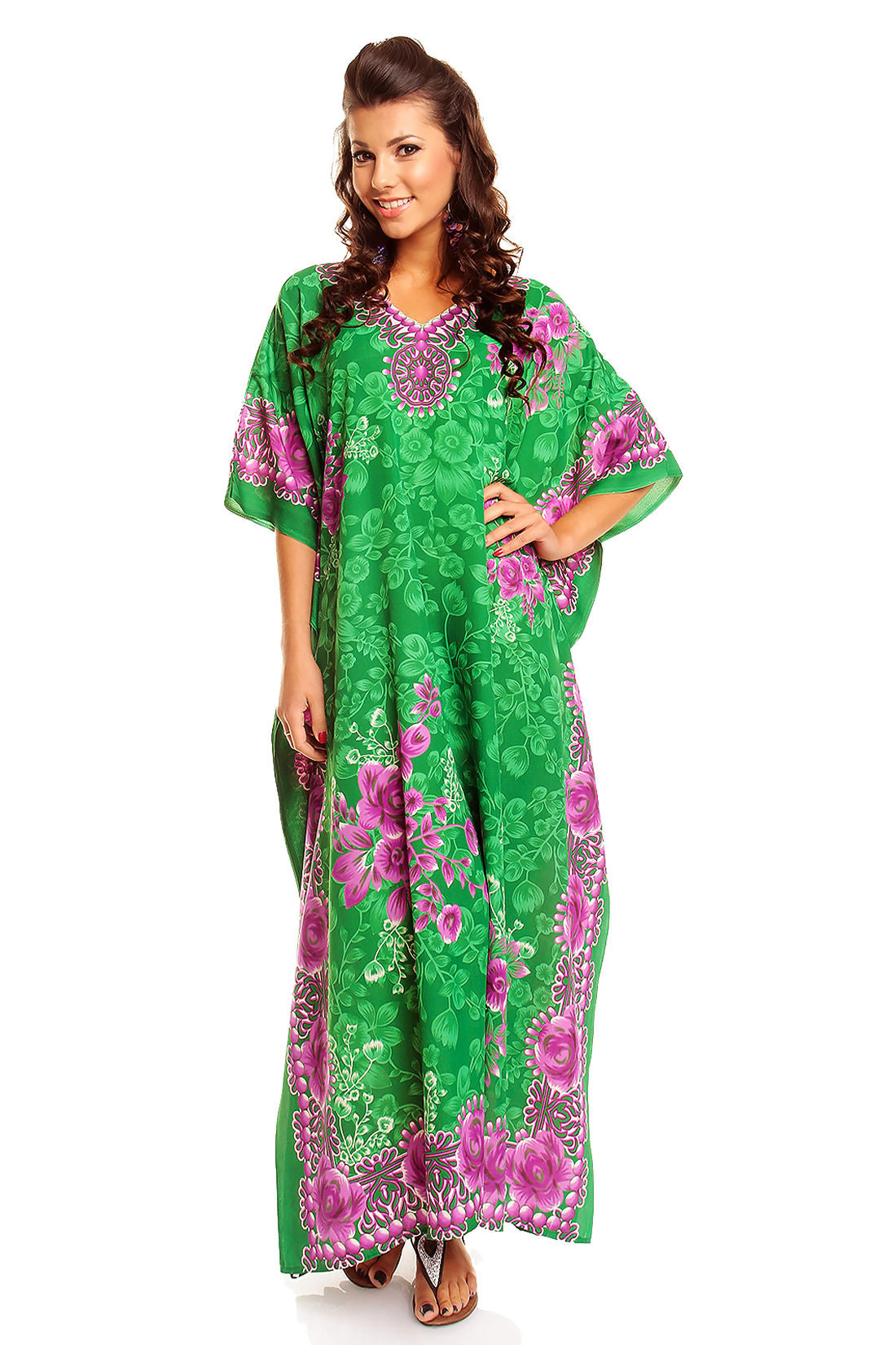 Ladies Full Length Maxi Kaftan Floral Dress in Green