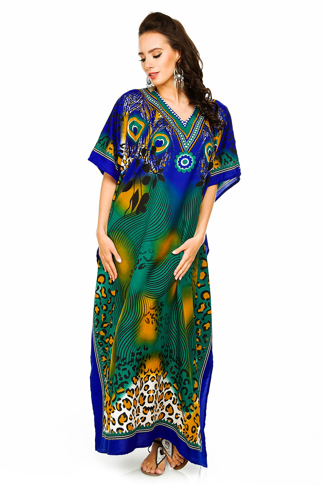 Ladies Full Length Tribal Print Maxi KaftanDress in Blue