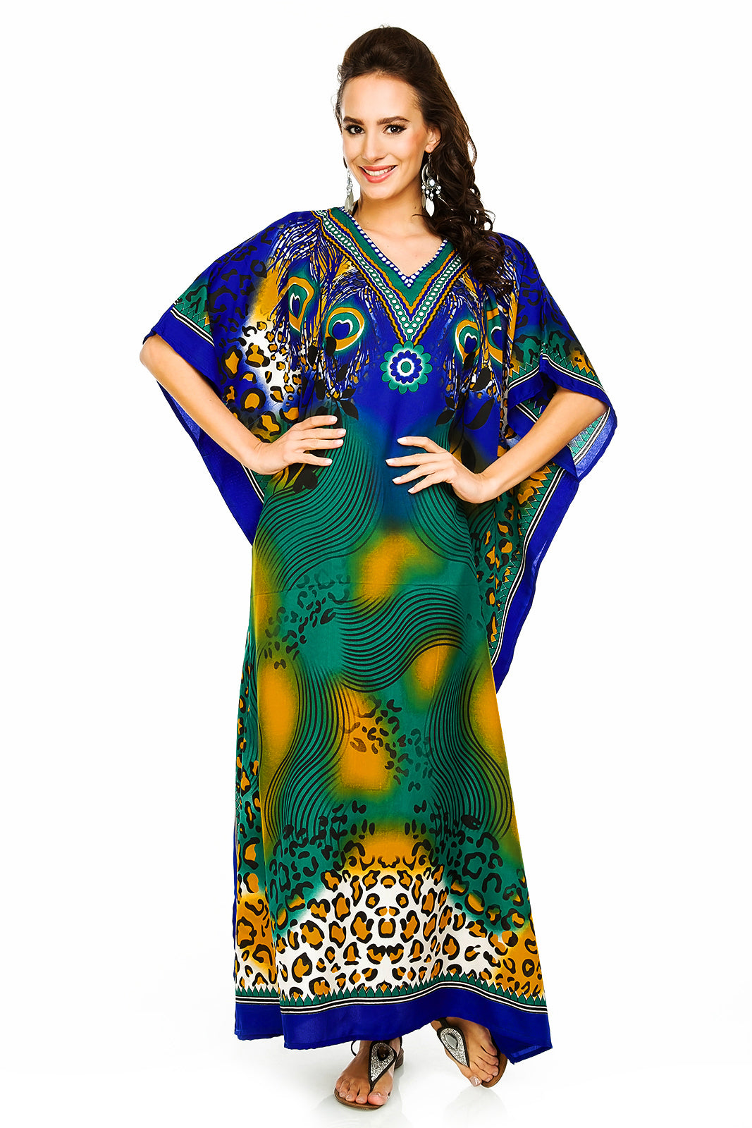 Ladies Full Length Tribal Print Maxi KaftanDress in Blue