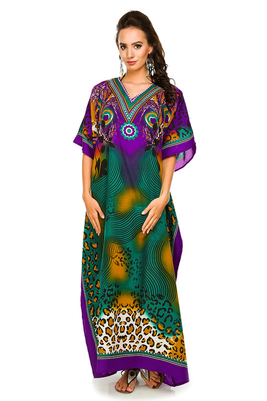 Ladies Full Length Tribal Print Maxi KaftanDress in Purple