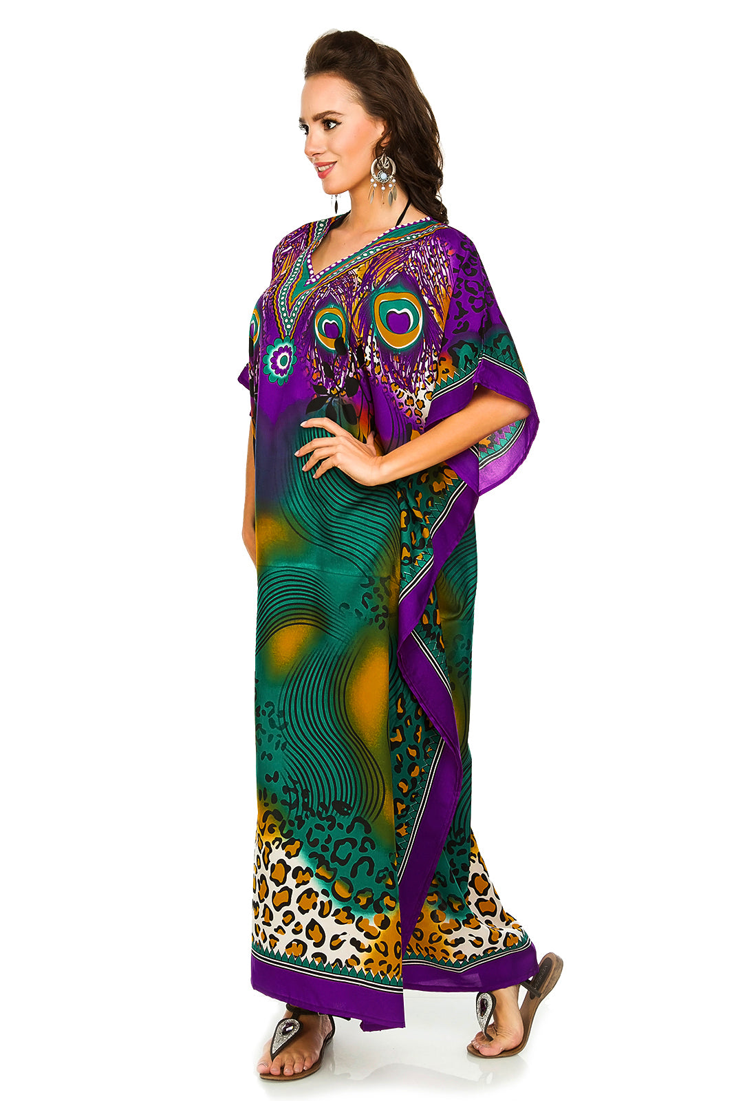 Ladies Full Length Tribal Print Maxi KaftanDress in Purple