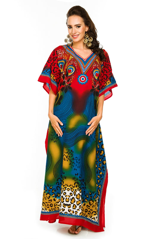 Ladies Full Length Tribal Print Maxi KaftanDress in Red