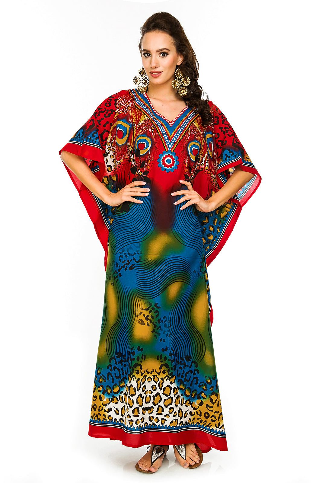 Ladies Full Length Tribal Print Maxi KaftanDress in Red