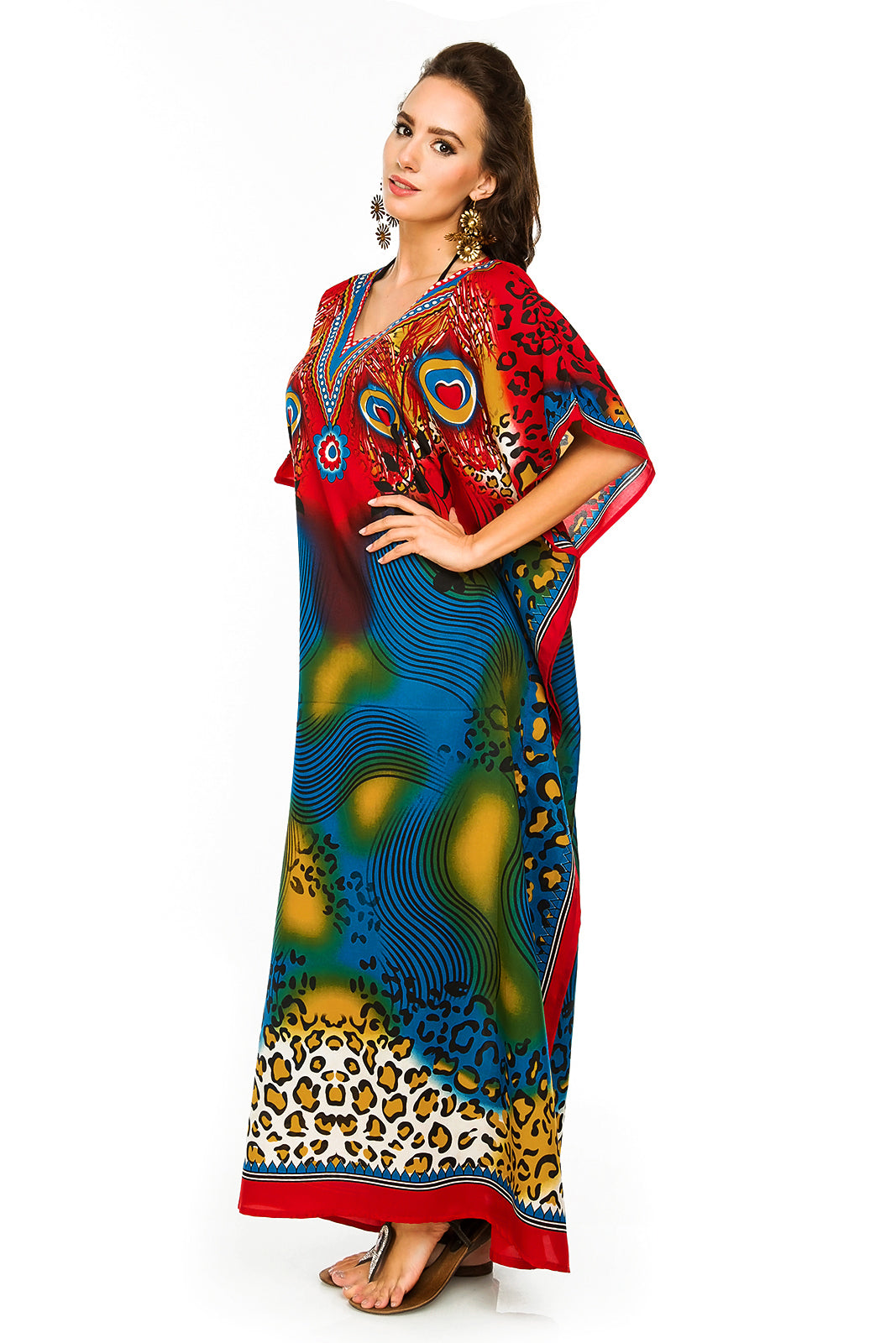 Ladies Full Length Tribal Print Maxi KaftanDress in Red
