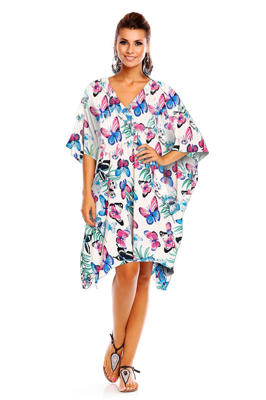 Ladies Mid Length Butterfly Print Kimono Kaftan in Blue