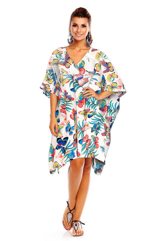 Ladies Mid Length Butterfly Print Kimono Kaftan in Red