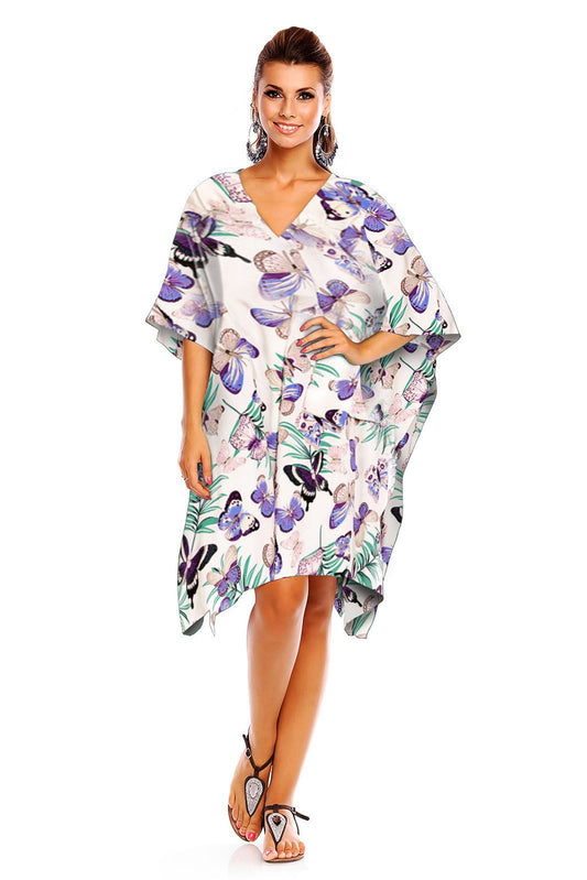 Ladies Mid Length Butterfly Print Kimono Kaftan in Purple