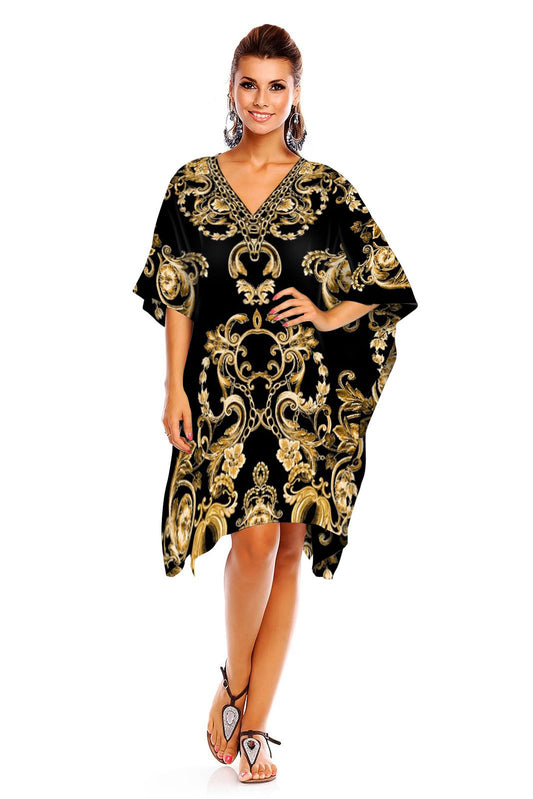 Ladies Mid Length Chain Print Kimono Kaftan in Black