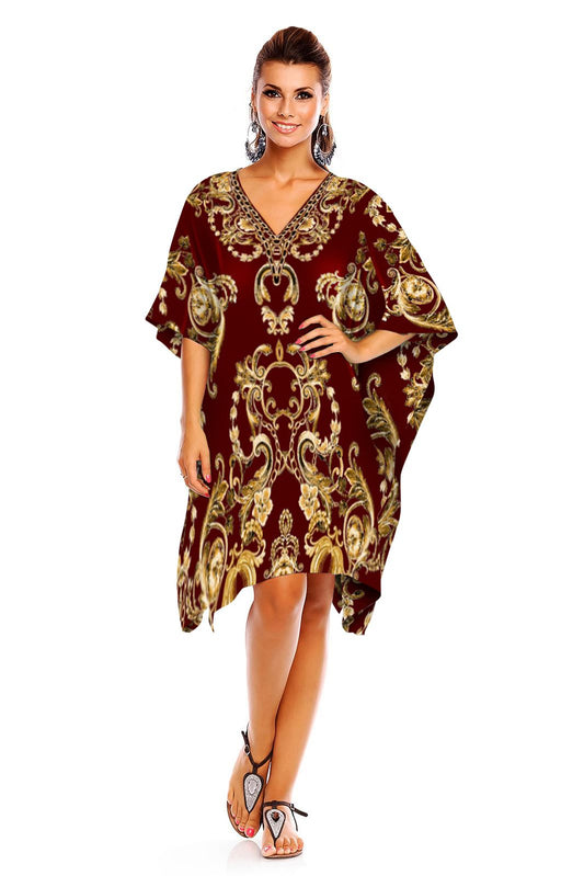 Ladies Mid Length Chain Print Kimono Kaftan in Maroon