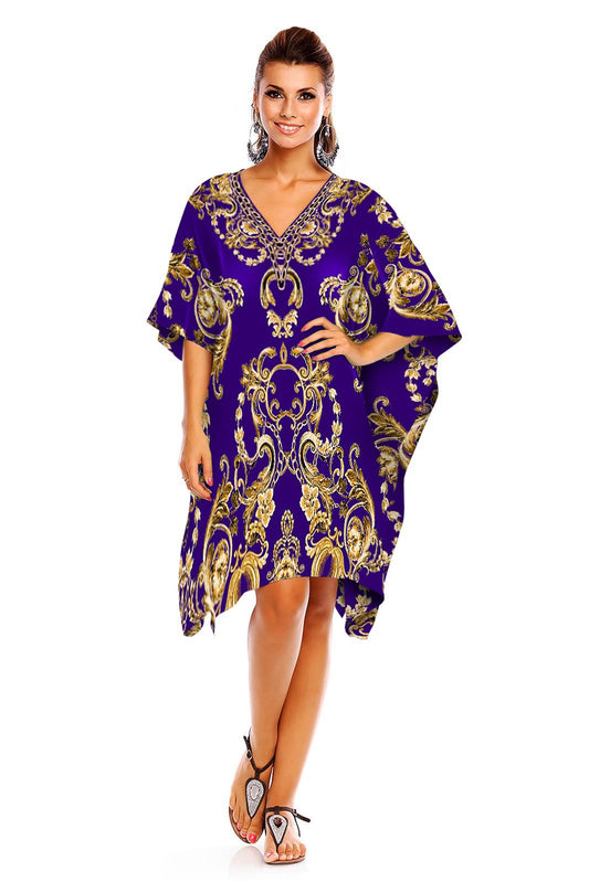 Ladies Mid Length Chain Print Kimono Kaftan in Purple