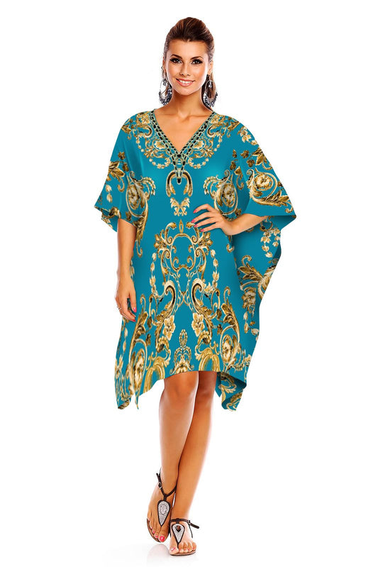 Ladies Mid Length Chain Print Kimono Kaftan in Teal