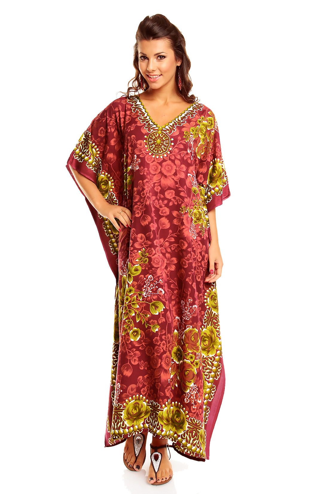 Ladies Full Length Maxi Kaftan Floral Dress in Dark Red