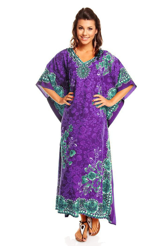 Ladies Full Length Maxi Kaftan Floral Dress in  Dark Purple
