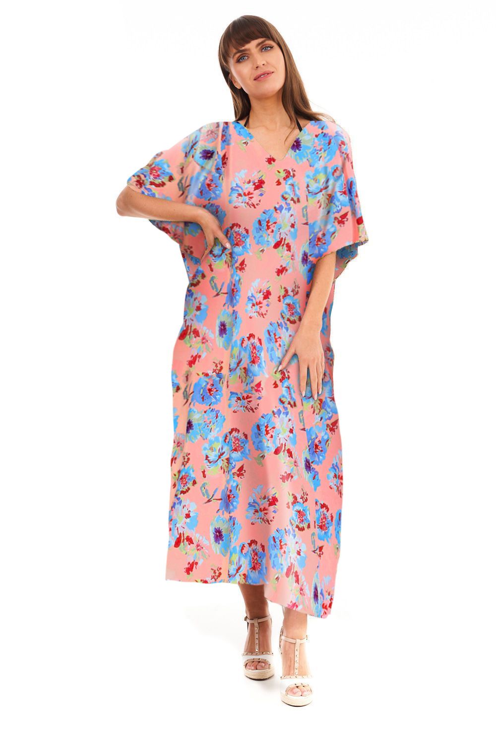 Ladies Floral Full Length Maxi Kaftan Beach Dress - Pink