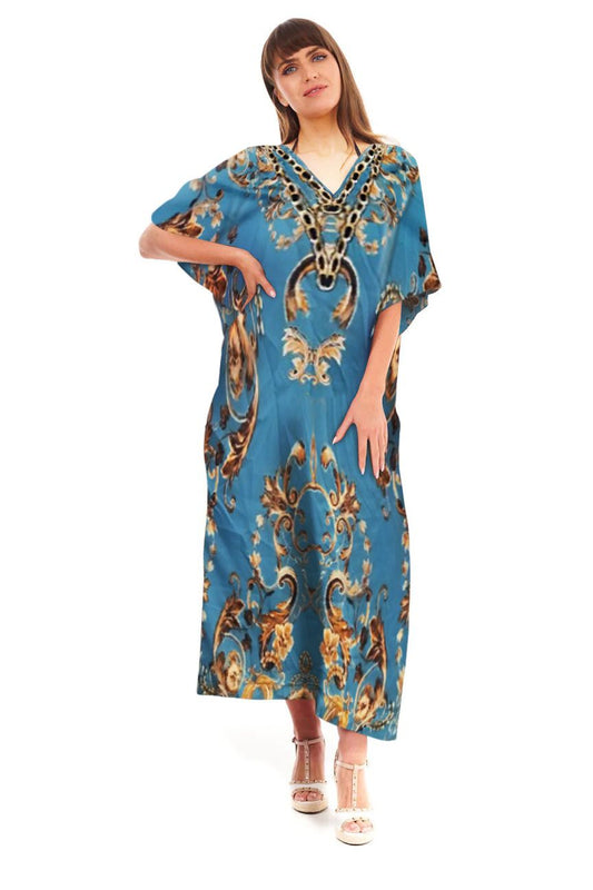 Ladies Full Length Maxi Kaftan Chain Print in Teal