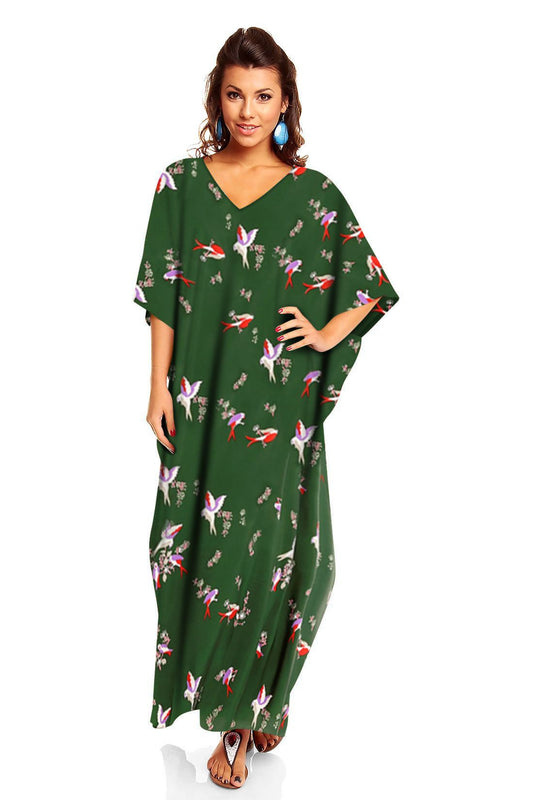 Ladies Full Length Maxi Kaftan Dress in Green Swallow Bird Print