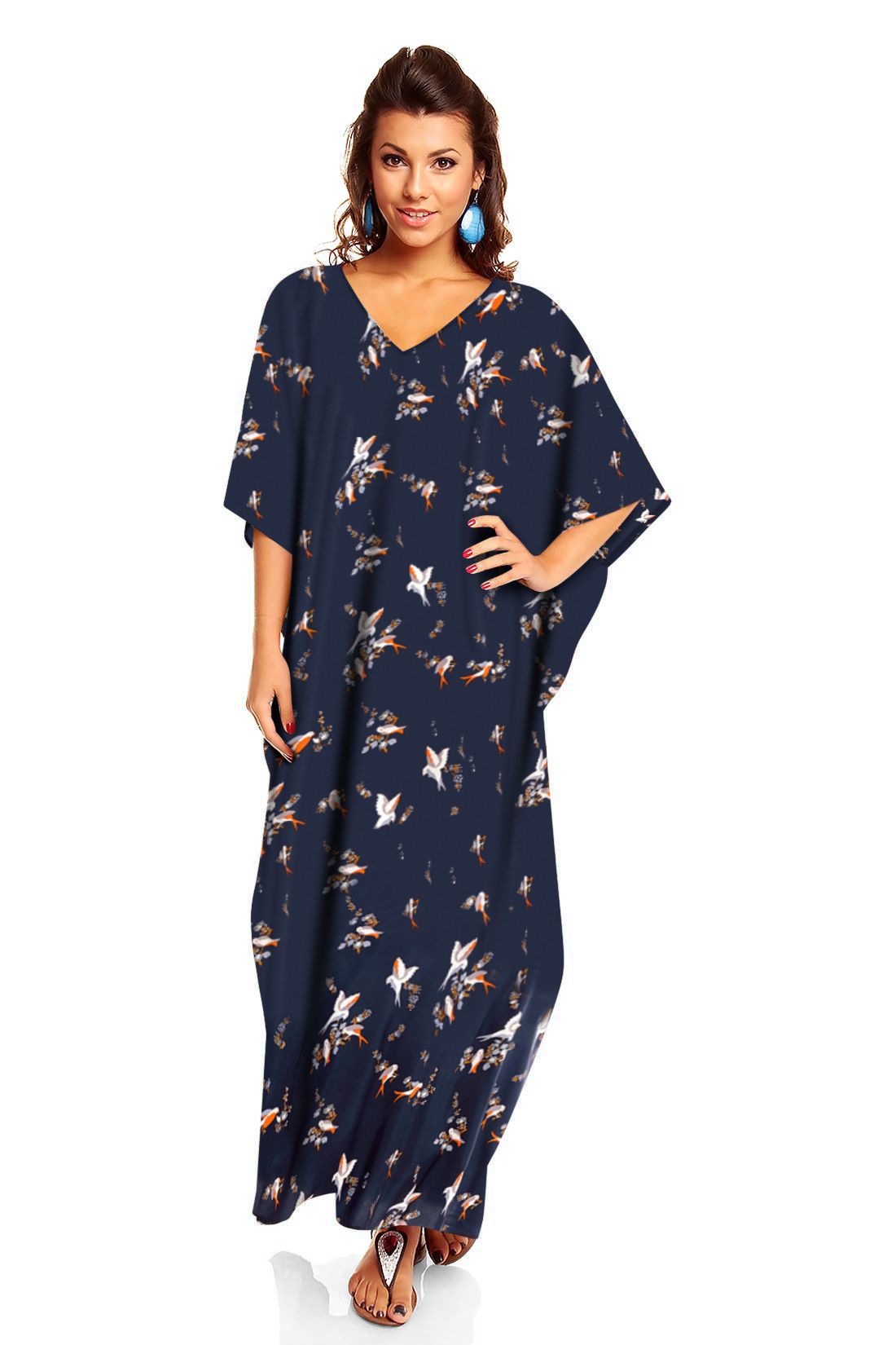 Ladies Full Length Maxi Kaftan Dress in Navy Swallow Bird Print