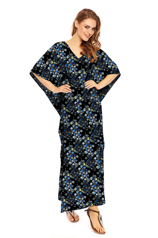 Floral Print Long Maxi Kaftan Dress in Black