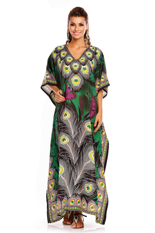 Luxury Floral Print Long Maxi Kaftan Dress in Green