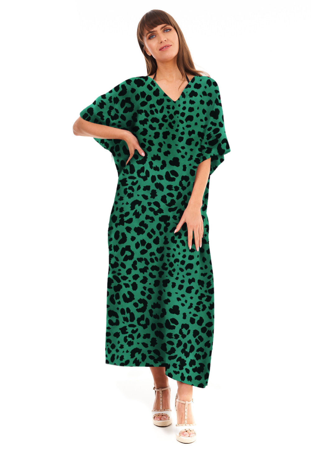Ladies Full Length Maxi Kaftan Animal Print Dress in Green