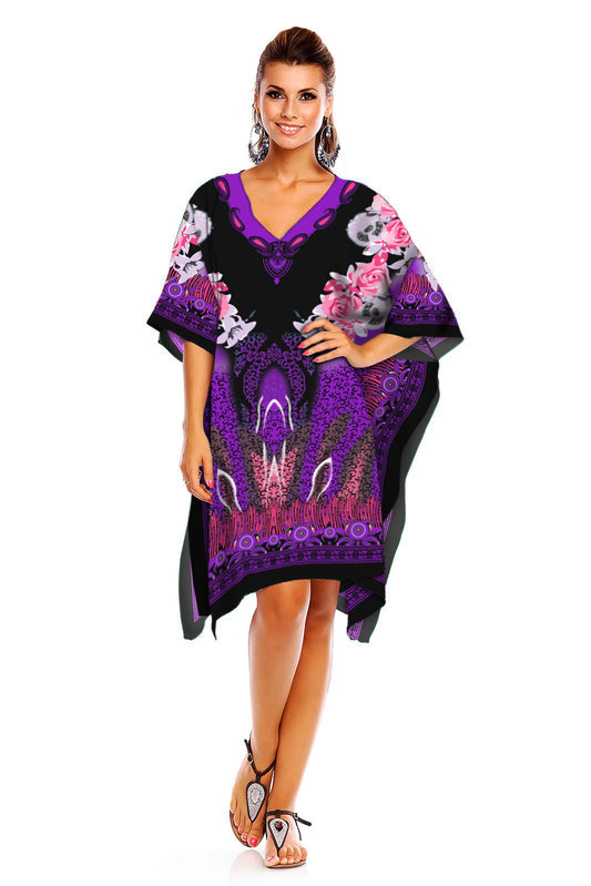 Ladies Mid Length Tribal Print Kaftan Cover Up In Purple