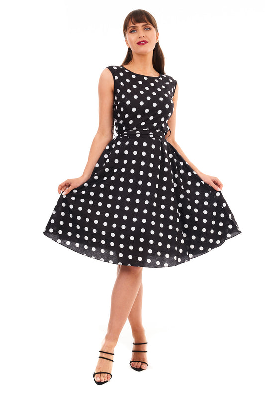 Retro Vintage 1940's Inspired Polka Dot Audrey Hepburn Dress -  Black