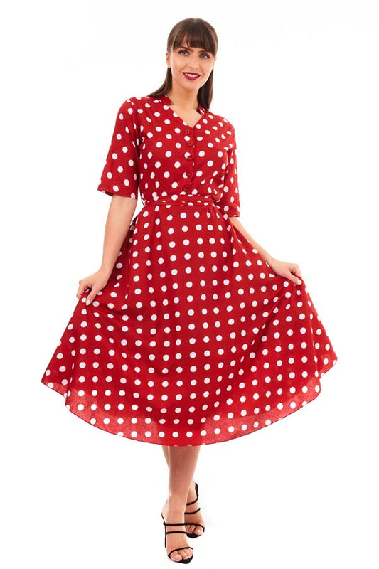 Retro Vintage 1940's Inspired Polka Dot Short Sleeve Shirt Dress -  Red