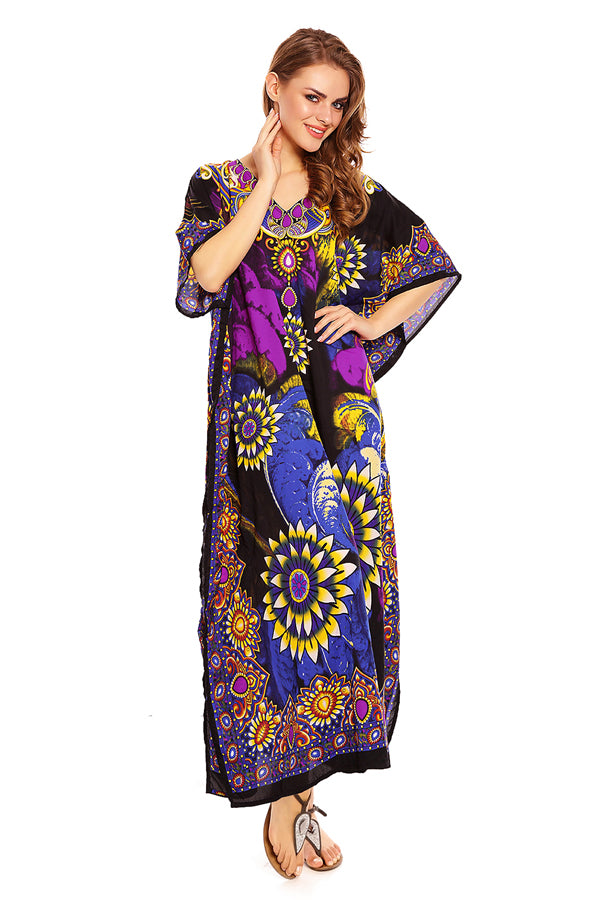Ladies Full Length Maxi Kaftan Floral Blue Dress