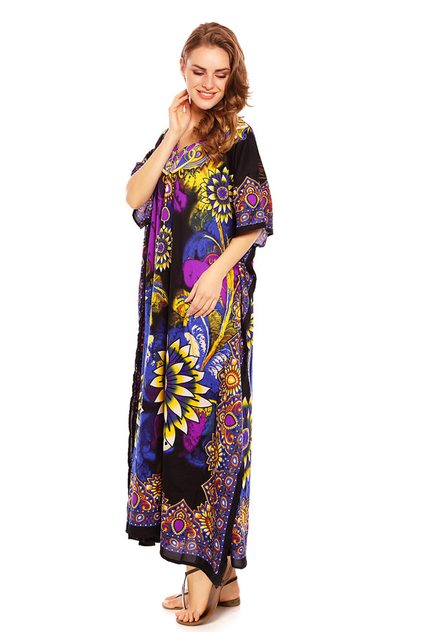 Ladies Full Length Maxi Kaftan Floral Blue Dress