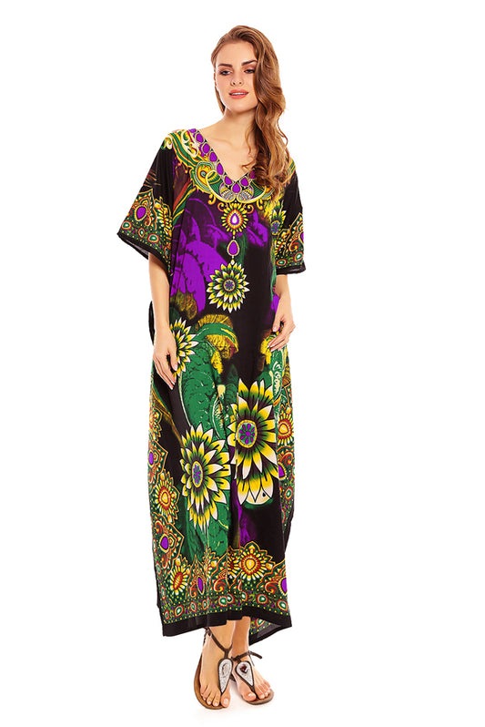 Ladies Full Length Maxi Kaftan Floral Green Dress